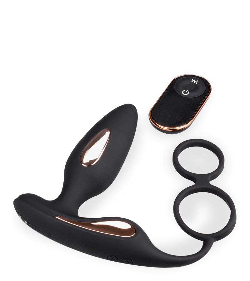 Analplug mit Vibration und Doppel-Cockring Domino