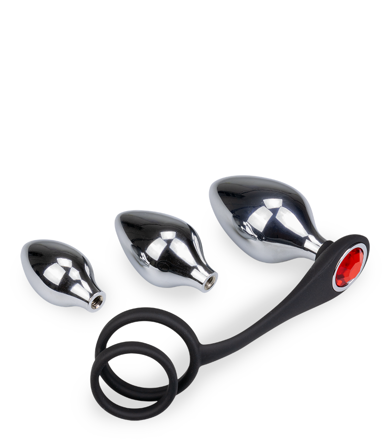 Analschmuck mit Doppel-Cockring und 3 Plugs