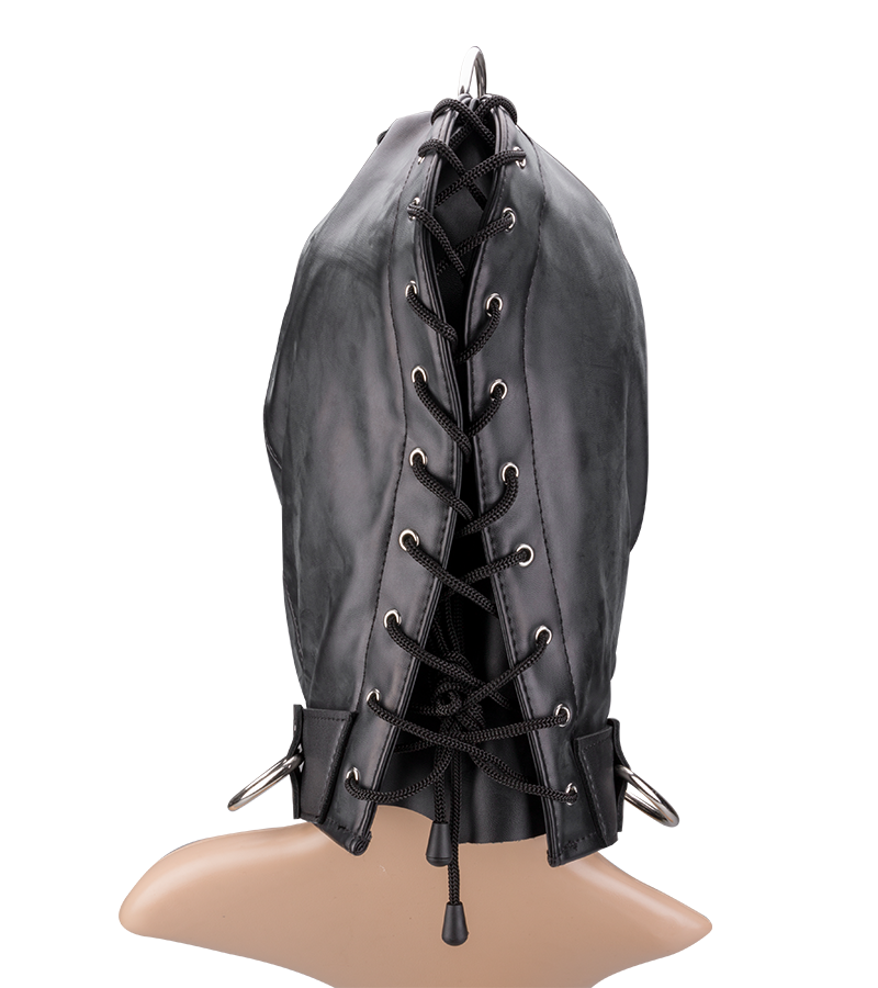 Bondage-Haube aus Kunstleder mit drei Öffnungen und Ringen