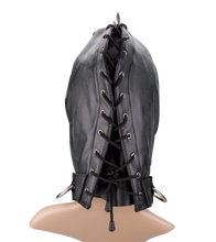 Load image into Gallery viewer, Bondage-Haube aus Kunstleder mit drei Öffnungen und Ringen