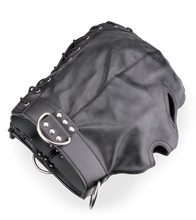 Load image into Gallery viewer, Bondage-Haube aus Kunstleder mit drei Öffnungen und Ringen