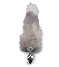 Load image into Gallery viewer, Schwanz-Plug in Weiß-Grau mit Fuchsschwanz aus Kunstfell