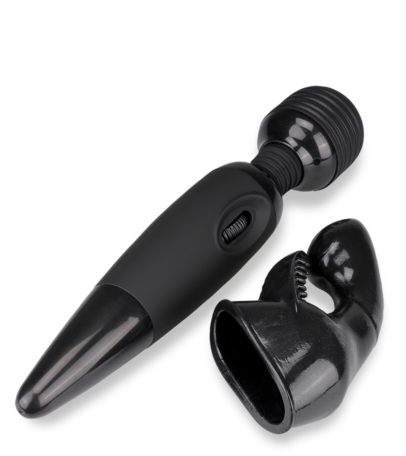 Schwarzer Fantasy Wand Massager mit 2 Aufsätzen